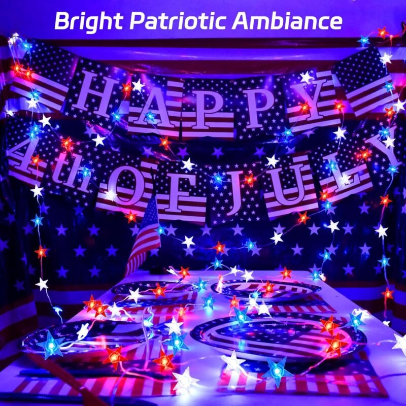 4th of July Lights Battery Operated, Red White and Blue Lights with Timer Outdoor Waterproof, 13ft 40LED Patriotic Star String Lights for Memorial Day Presidents Day Independence Day - Image 3
