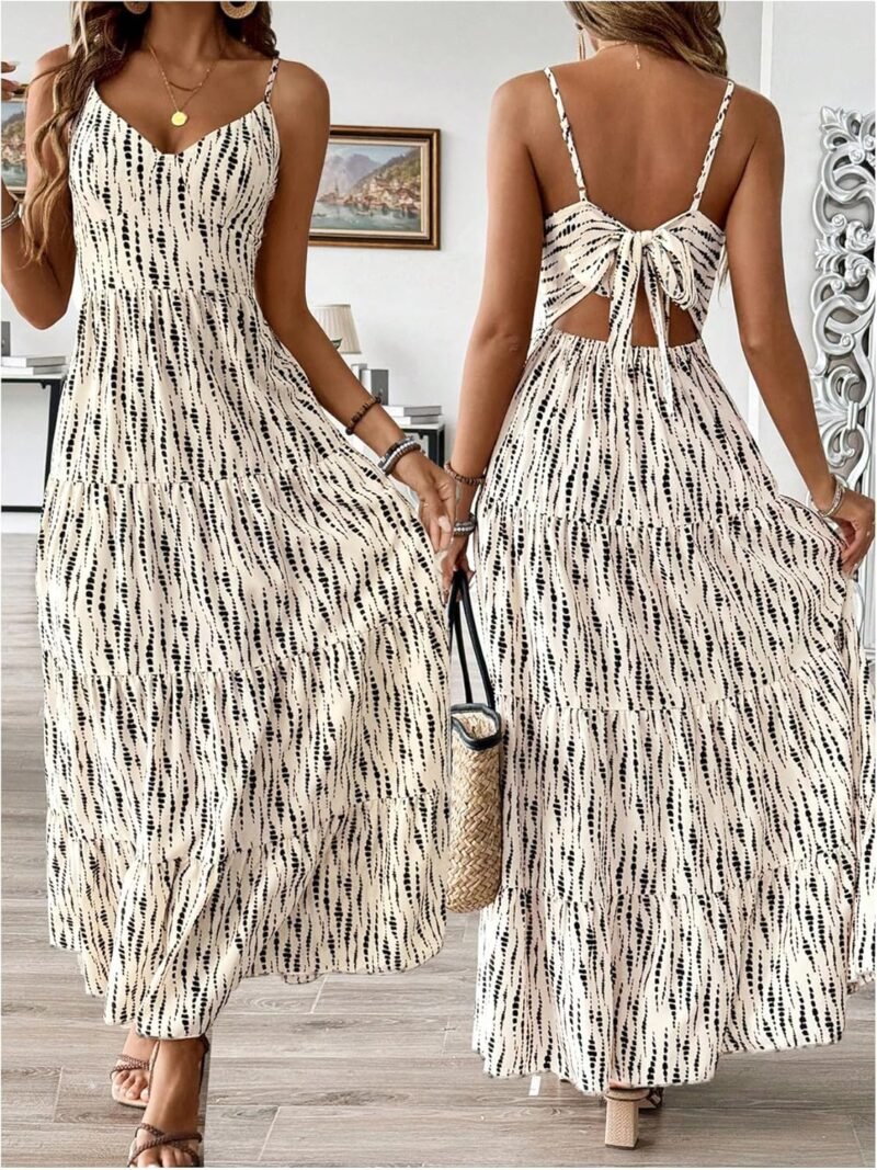 SweatyRocks Women's Summer Maxi Dress V Neck Bow Tie Cutout Boho Vacation Ruffle Long Dresses - Image 6