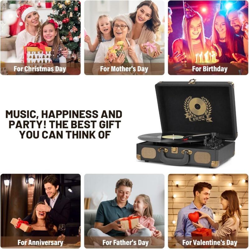 Vinyl Record Player Bluetooth 3-Speed Portable Vintage Suitcase with Built-in Speakers, RCA Line Out AUX in Headphone Jack Vintage Turntable, Black - Image 8