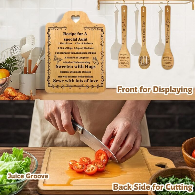 Personalized Aunt Gift, Recipe for a Special Aunt Cutting Board Set, Birthday and Christmas Gift for Aunt, Bamboo Kitchen Utensils Set with Engraved Messages - Image 3