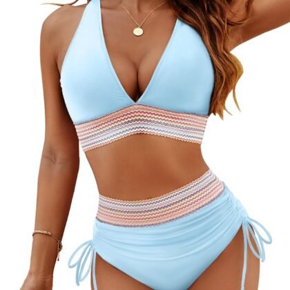 Blooming Jelly Women High Waisted Bikini Sets Tummy Control Swimsuits Color Block Two Piece Drawstring Bathing Suit