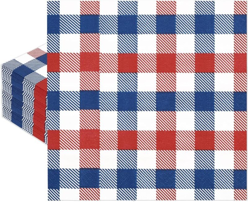 Whaline 80 Pack Patriotic Napkins 6.5 x 6.5 Inch Buffalo Plaid Paper Napkins Red Blue White 4th of July Disposable Napkins Patriotic Dinner Napkins for Independence Day Party Supplies Table Decor