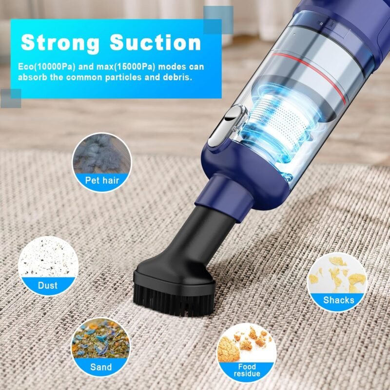 Handheld Vacuum Cordless - Car Vacuum Cleaner with Brushless Motor, 15000Pa Powerful Suction with LED Light, Type C Cable, 2 Fliters, Portable Hand Vacuum for Home, Car, and Office - Image 3