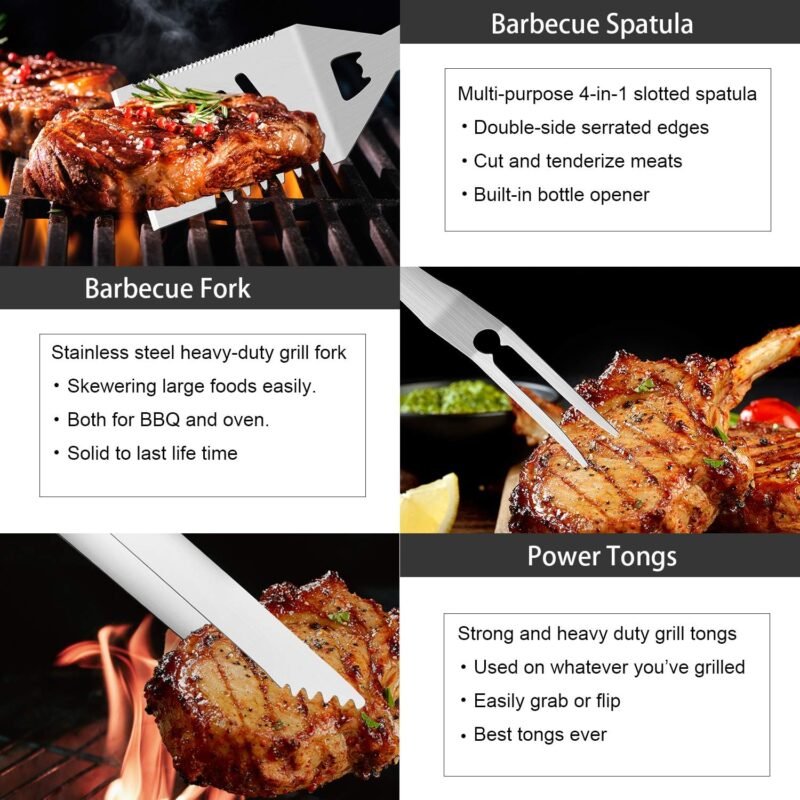 ROMANTICIST 30pcs BBQ Grill Tool Set for Men Dad, Heavy Duty Stainless Steel Grill Utensils Set, Non-Slip Grilling Accessories Kit with Thermometer, Mats in Aluminum Case for Fathers Day Brown - Image 4
