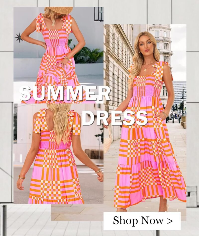 Women's Summer Maxi Dress Boho Spaghetti Straps Casual Long A-line Smocked Beach Dress Square Neck Flowy Sun Dress - Image 5