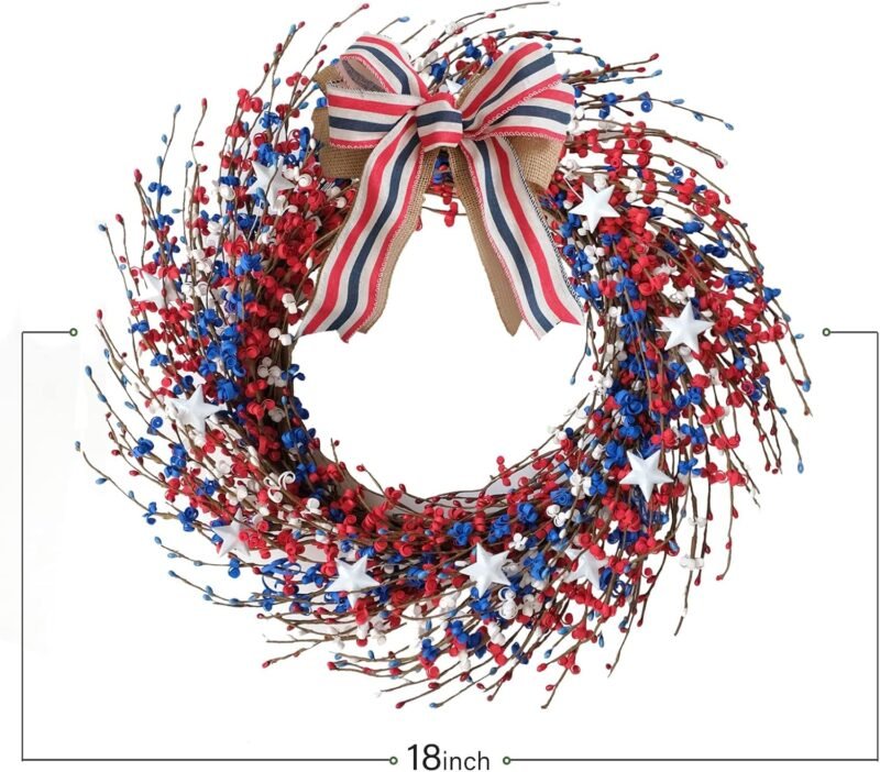 Idyllic 18 Inch Patriotic red White Blue Berries Leaves Wreath for Front Door, Memorial Day Burlap Bow Wreath for Home Decor, Independence Day Forth of July for Indoor and Outdoor - Image 3