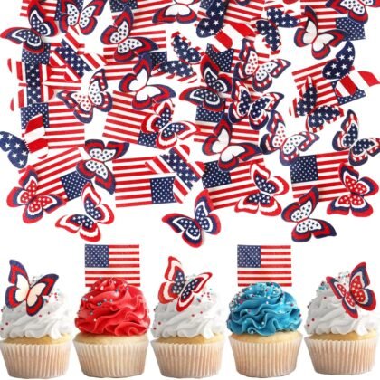 50PCS Edible American Flag Butterfly Cake Decorations Patriotic Wafer Cupcakes Toppers for 4th of July, Independence Day Parties & Birthday Celebrations