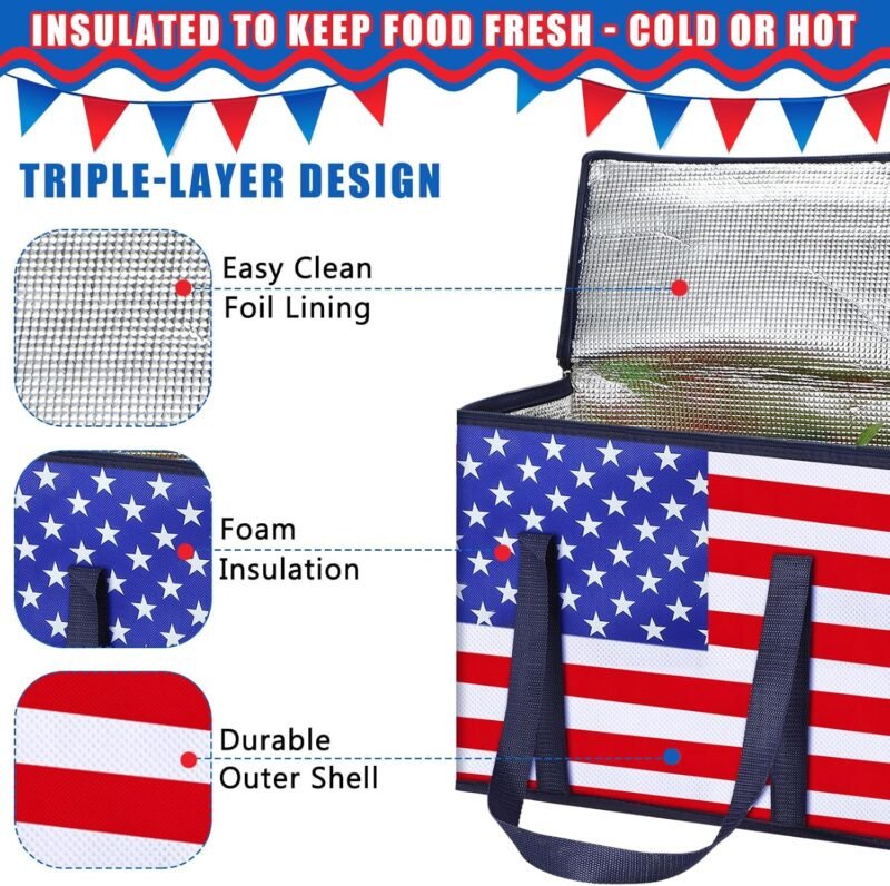 Paterr 3 Pack 4th of July Insulated Reusable Grocery Bags Red White Blue American Flag Foldable Large Tote Cooler Bags with Hard Bottom and Handles Stands Upright Washable for Food Delivery Picnic - Image 4