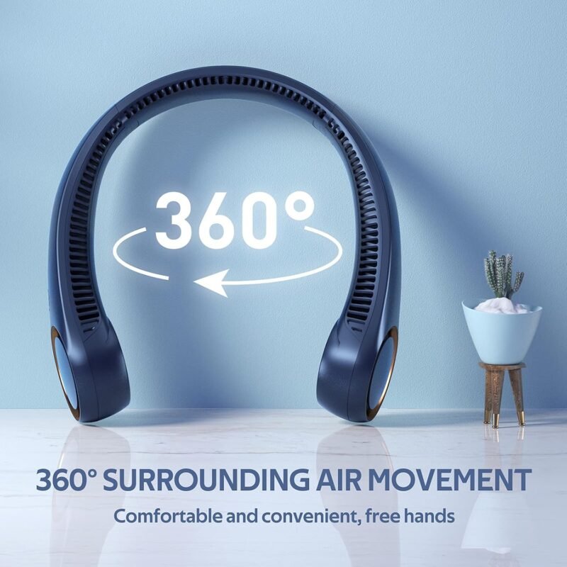 Portable Neck Fan, Hands Free Bladeless Fan, 360° Cooling Personal Fan,Wearable Quiet Fan for Outdoor Indoor, Birthday Gifts for Men Women Mom Dad, 4000mAh Battery USB Rechargeable, 3-Speeds(Blue) - Image 2