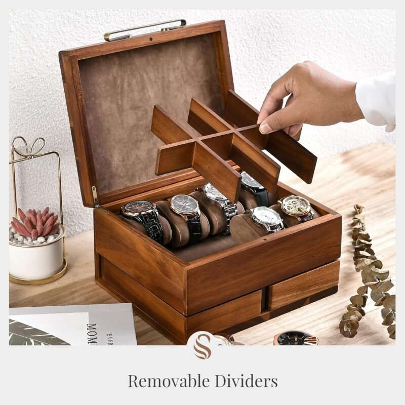 Shanik Luxury Large Watch Box Organizer for Men with 8 Divided Slots, Soft Velvet Pillows, and Pull-Out Drawers for Wallet, Cufflinks, and Accessories - Image 6