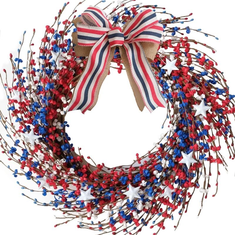 Idyllic 18 Inch Patriotic red White Blue Berries Leaves Wreath for Front Door, Memorial Day Burlap Bow Wreath for Home Decor, Independence Day Forth of July for Indoor and Outdoor
