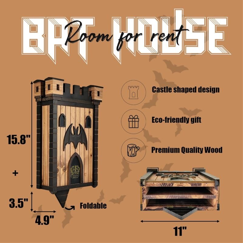 Furry & Fancy Bat Houses for Outdoors – Gothic Bathouse for Outdoors Hanging – Large 2-Chamber Bat Cave for Up to 80 Bats – Handmade Wooden Castle Bat House for Outside – Easy Installation - Image 6