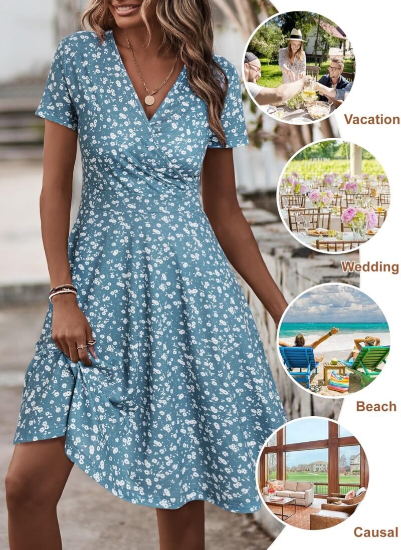 MSBASIC Womens Summer Wrap V Neck Casual Dresses Floral Short Sleeve A-Line Midi Sundress - Image 4