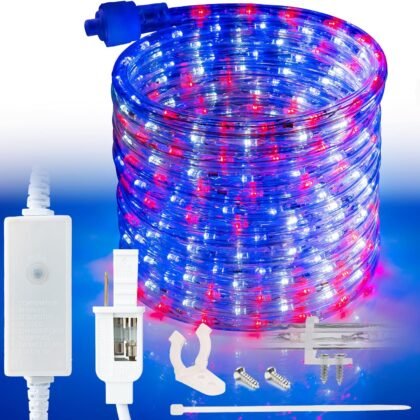 76LEDs, 10ft USA American Flag Red White Blue Outside LED Rope Light, 8 Modes, Connectable Outdoor Permanent Waterproof Accent Exterior Lighting, PVC Case, Palm Tree, Backyard Patio