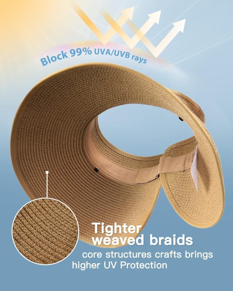 FURTALK Sun Hats for Women Wide Brim Beach Hat Straw Visor Ponytail Summer UV Packable Foldable Beach Vacation Essentials - Image 2