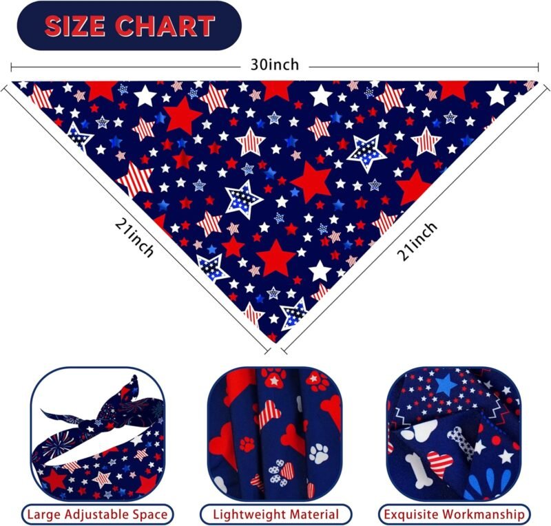 4th of July Dog Bandana Reversible 2 Pack Large, Red White and Blue Patriotic Pet Bandanas Set Adjustable Triangle Holiday Scarves for Memorial Day Medium Large Extra Large Boy Girl Dogs - Image 5