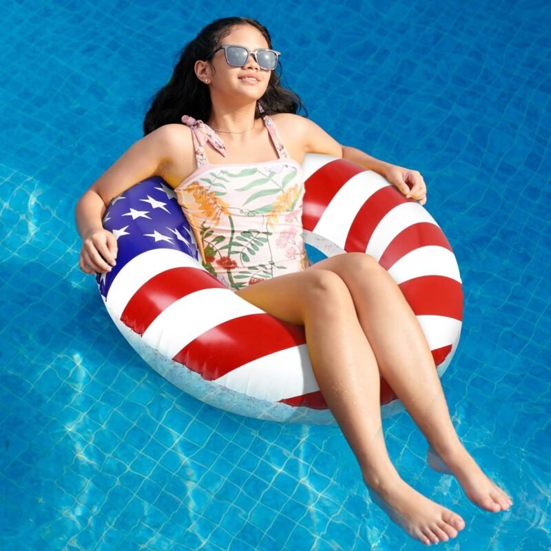 Elcoho 2 Pack Inflatable USA Pool Float Tube USA Flag Swimming Rings Filled with Sparkle Silver Stars Confetti 36 Inches Patriotic Toys Pool Float for Independence Day, Memorial Day, Veterans Day - Image 7