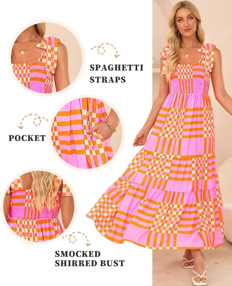 Women's Summer Maxi Dress Boho Spaghetti Straps Casual Long A-line Smocked Beach Dress Square Neck Flowy Sun Dress - Image 4