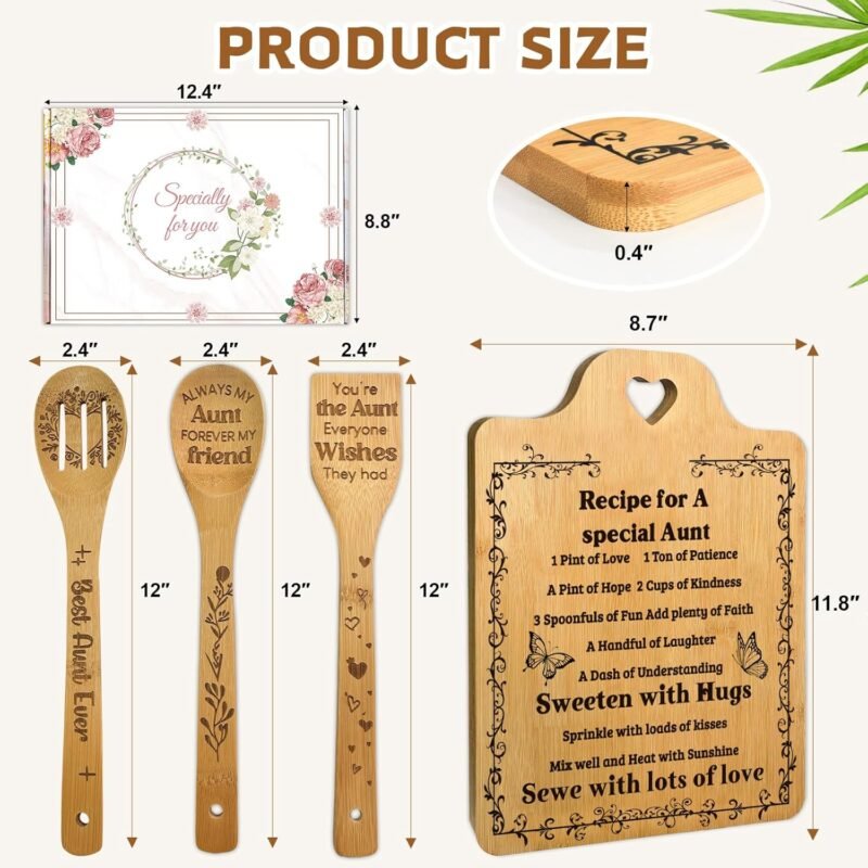 Personalized Aunt Gift, Recipe for a Special Aunt Cutting Board Set, Birthday and Christmas Gift for Aunt, Bamboo Kitchen Utensils Set with Engraved Messages - Image 7