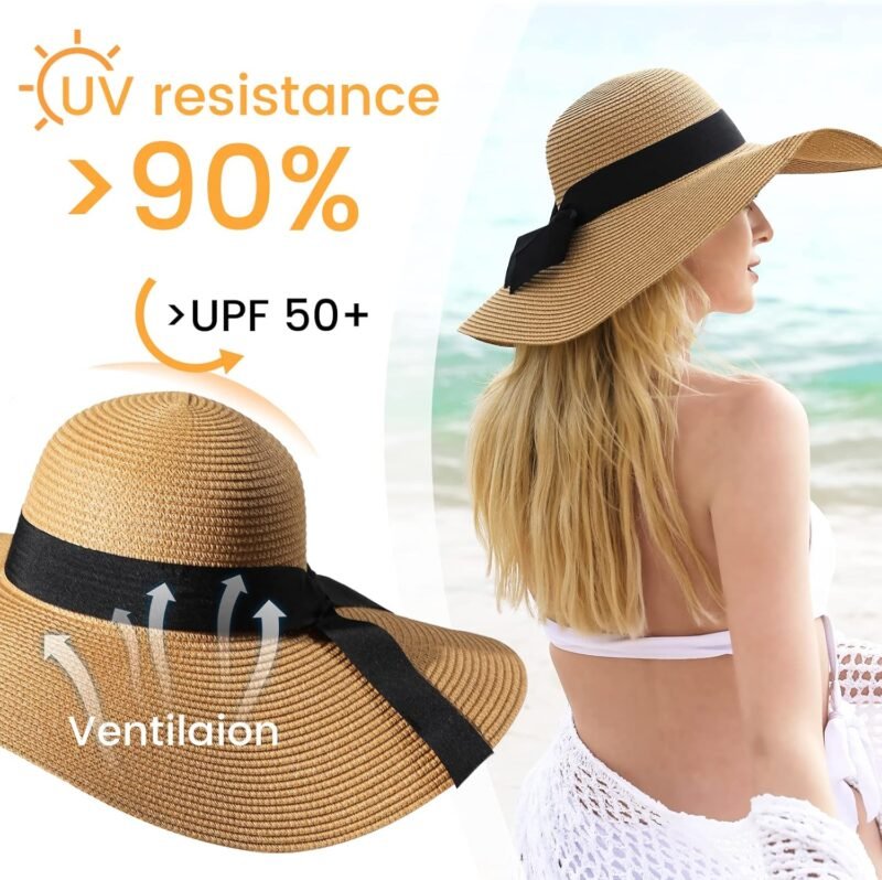 Beach Sun Straw Hats for Women, UPF 50+ UV Sun Protection Wide Brim Summer Straw Hat Foldable Packable Roll up Cap - Image 2