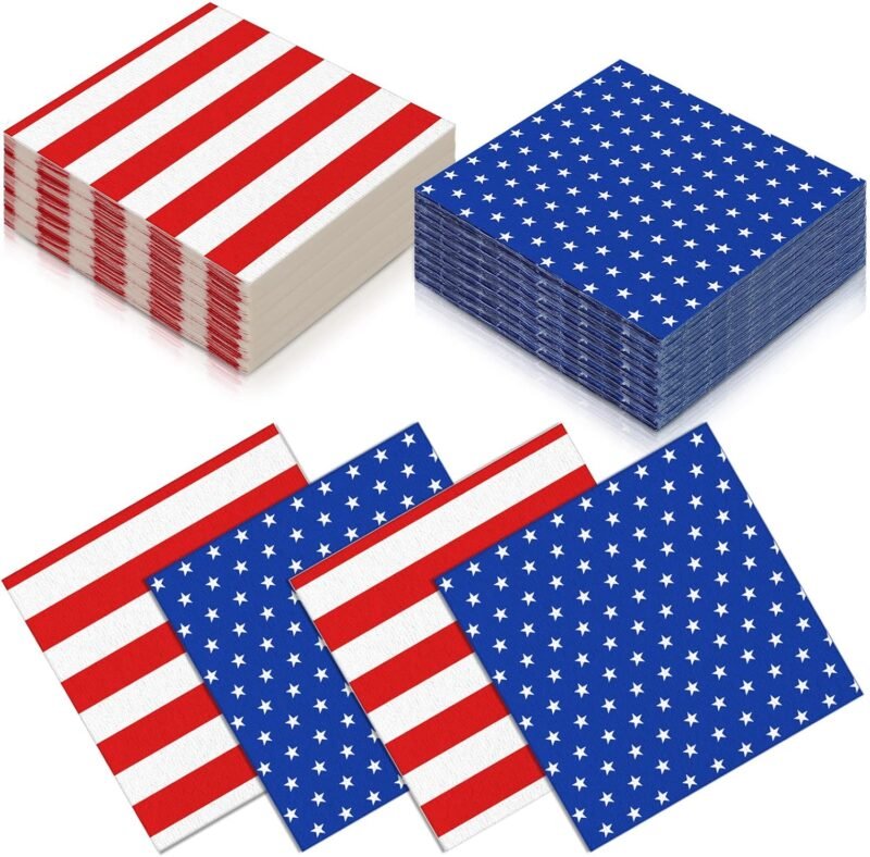 Nuanchu 200 Pcs American Flag Napkins 4th of July Patriotic Red White and Blue Disposable Paper Cocktail Napkins for Veterans Day Election Independence Day Decorations(Stars and Stripes)