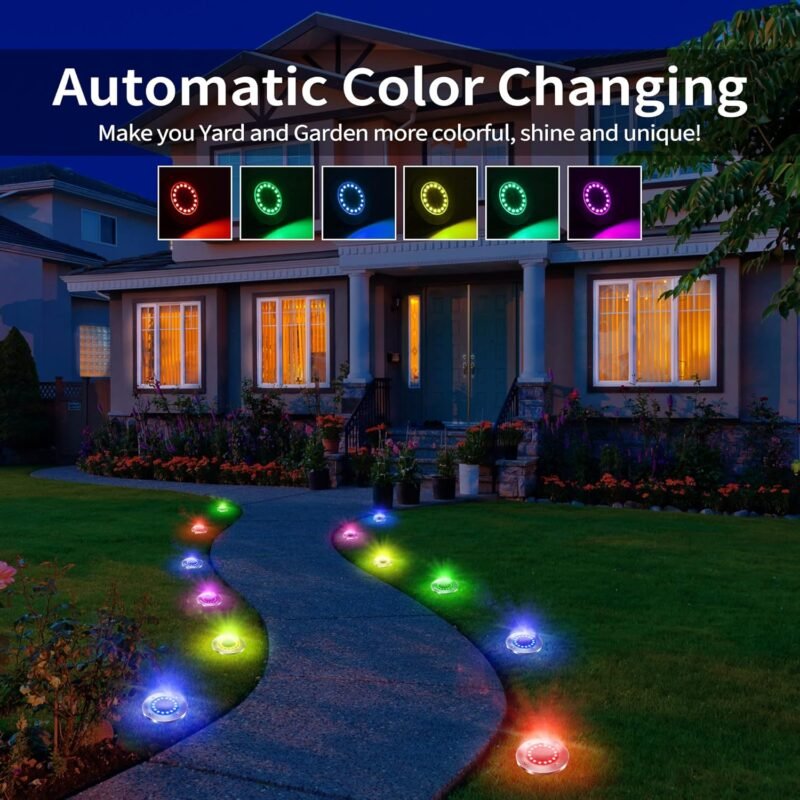 Brizled 12 Pack Color Changing Solar Ground Lights, 16 LED Outdoor Pathway Lights Landscape Lighting, Multicolor Solar Disk Light, Waterproof Disc Puck Light for Pathway Garden Yard Lawn Walkway Decor - Image 4