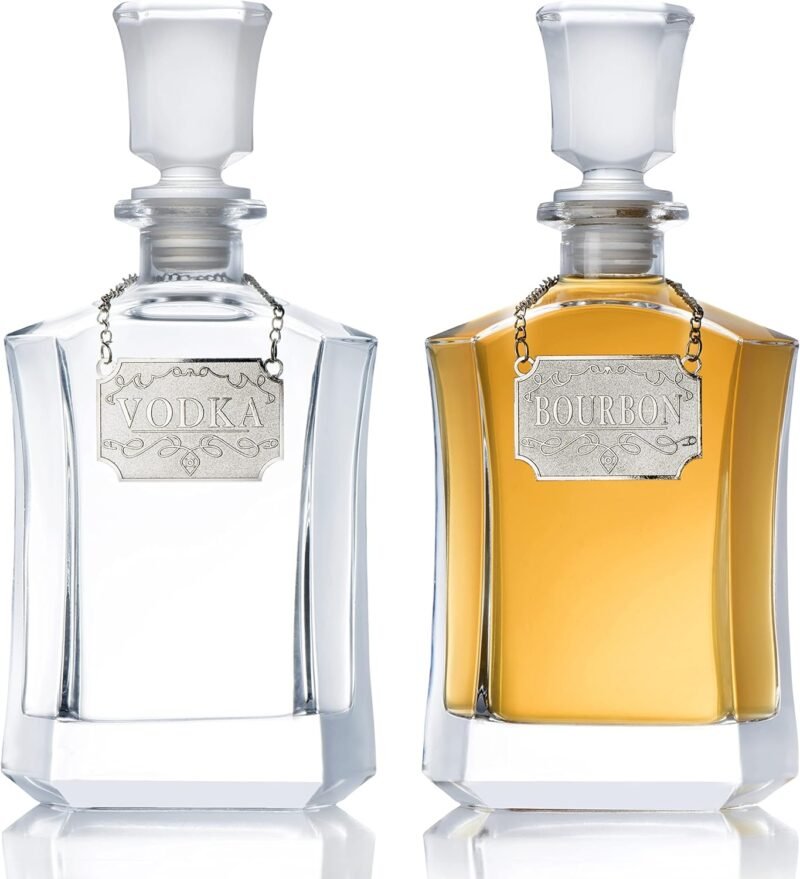 Whiskey Decanter With Label Tag - Bottle Metal Name Tags - Glass Airtight Stopper for Wine, Bourbon, Brandy, Juice, Water - Decanter Sets For Men Christmas Gifts for Dad Boyfriend Husband Him - 24 oz - Image 9