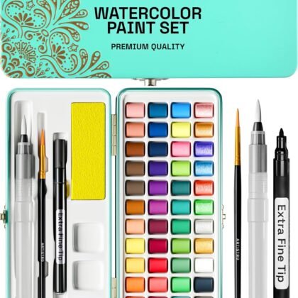 ARTISTRO Watercolor Paint Set, Vivid Colors in Portable Box, Palette set, Including Metallic and Fluorescent Colors. Perfect Travel Watercolor Set for Artists, Amateur Hobbyists and Painting