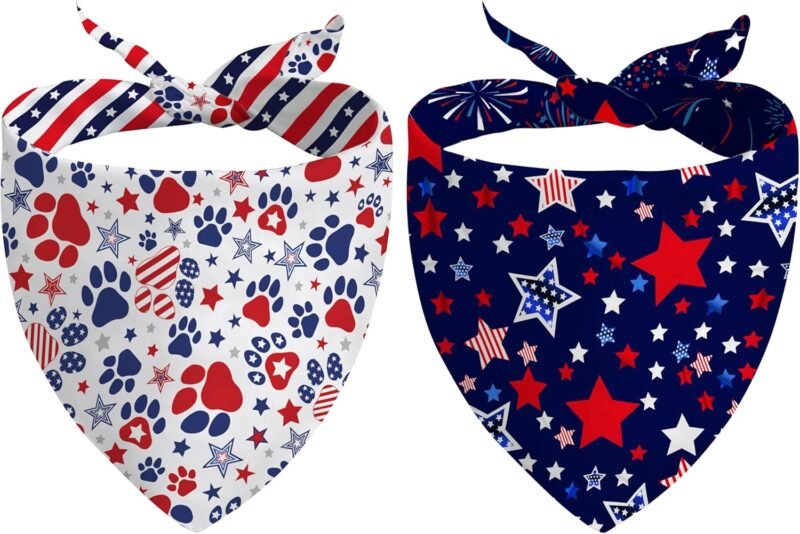 4th of July Dog Bandana Reversible 2 Pack Large, Red White and Blue Patriotic Pet Bandanas Set Adjustable Triangle Holiday Scarves for Memorial Day Medium Large Extra Large Boy Girl Dogs