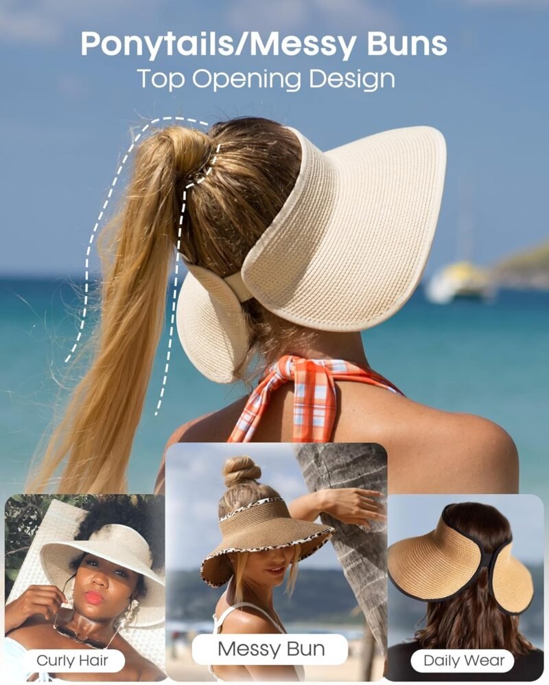 FURTALK Sun Hats for Women Wide Brim Beach Hat Straw Visor Ponytail Summer UV Packable Foldable Beach Vacation Essentials - Image 3
