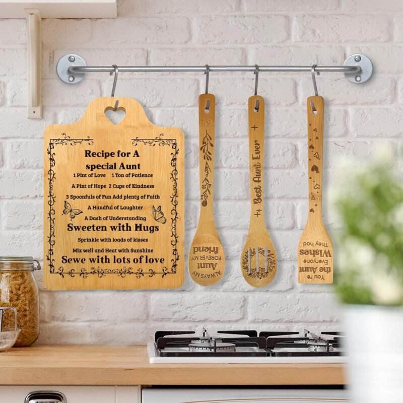 Personalized Aunt Gift, Recipe for a Special Aunt Cutting Board Set, Birthday and Christmas Gift for Aunt, Bamboo Kitchen Utensils Set with Engraved Messages - Image 6