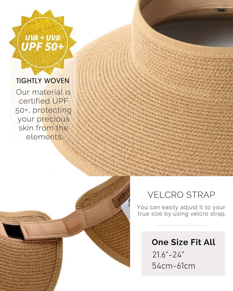 FURTALK Sun Hats for Women Wide Brim Beach Hat Straw Visor Ponytail Summer UV Packable Foldable Beach Vacation Essentials - Image 7