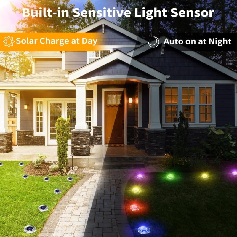 Brizled 12 Pack Color Changing Solar Ground Lights, 16 LED Outdoor Pathway Lights Landscape Lighting, Multicolor Solar Disk Light, Waterproof Disc Puck Light for Pathway Garden Yard Lawn Walkway Decor - Image 3