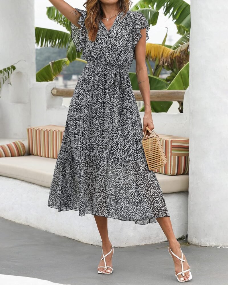 BTFBM Women Summer Bohemian Floral Casual Wrap V Neck Ruffle Cap Sleeveless Belt A-Line Pleated Hem Midi Sun Dress White - Image 6