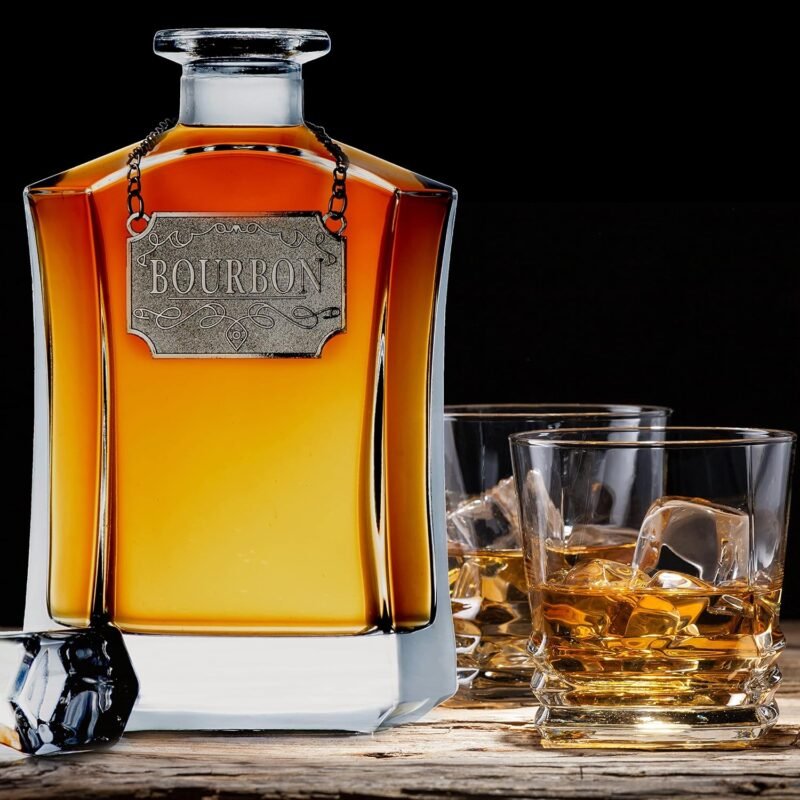 Whiskey Decanter With Label Tag - Bottle Metal Name Tags - Glass Airtight Stopper for Wine, Bourbon, Brandy, Juice, Water - Decanter Sets For Men Christmas Gifts for Dad Boyfriend Husband Him - 24 oz - Image 3