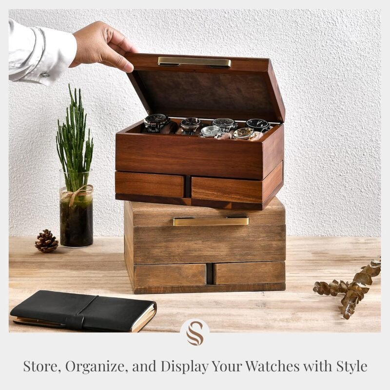 Shanik Luxury Large Watch Box Organizer for Men with 8 Divided Slots, Soft Velvet Pillows, and Pull-Out Drawers for Wallet, Cufflinks, and Accessories - Image 5