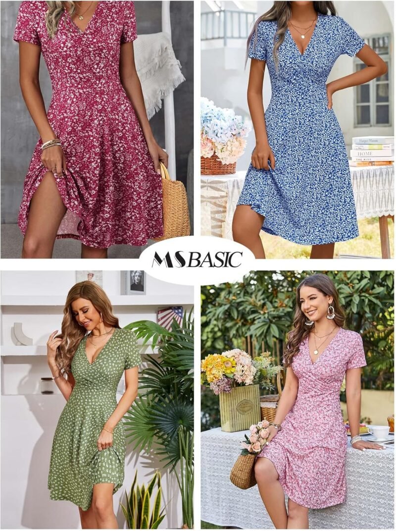 MSBASIC Womens Summer Wrap V Neck Casual Dresses Floral Short Sleeve A-Line Midi Sundress - Image 5