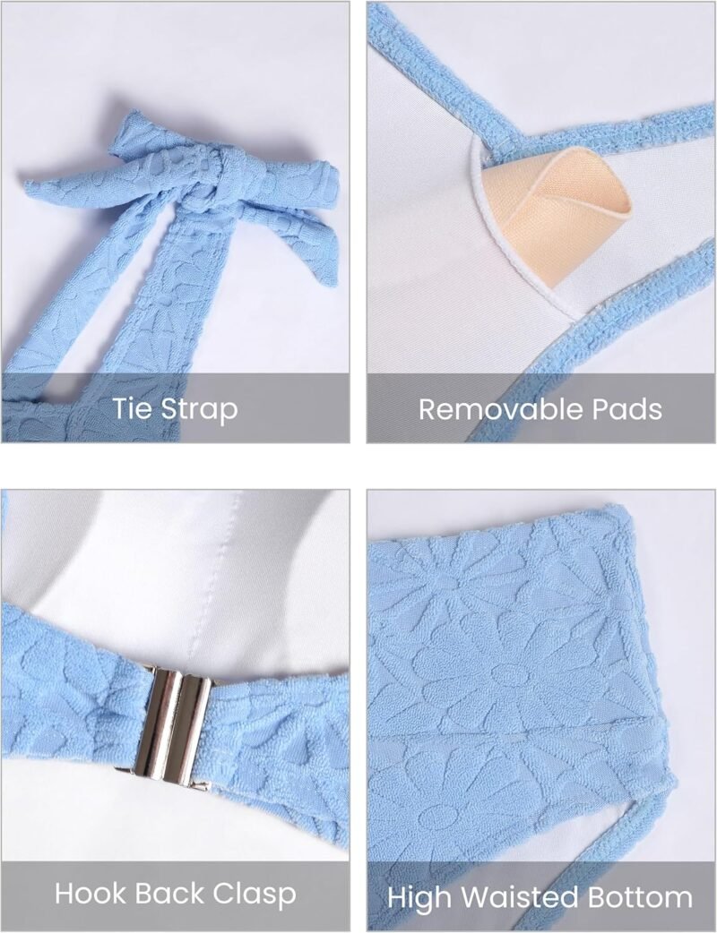 Blooming Jelly Womens High Waisted Bikini Set Tie Strap Jacquard Terry Cloth 2 Piece Swimsuit Modest Cute Retro Bathing Suit - Image 5