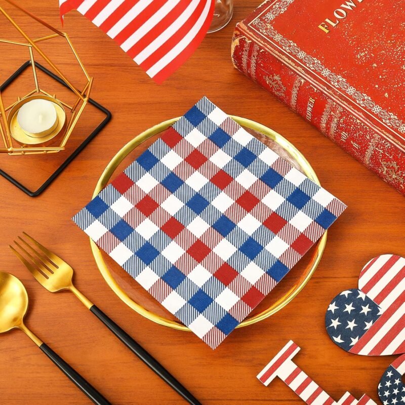 Whaline 80 Pack Patriotic Napkins 6.5 x 6.5 Inch Buffalo Plaid Paper Napkins Red Blue White 4th of July Disposable Napkins Patriotic Dinner Napkins for Independence Day Party Supplies Table Decor - Image 4