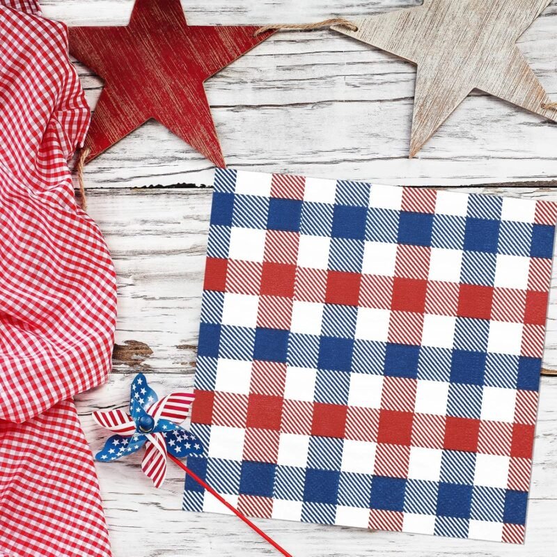 Whaline 80 Pack Patriotic Napkins 6.5 x 6.5 Inch Buffalo Plaid Paper Napkins Red Blue White 4th of July Disposable Napkins Patriotic Dinner Napkins for Independence Day Party Supplies Table Decor - Image 7
