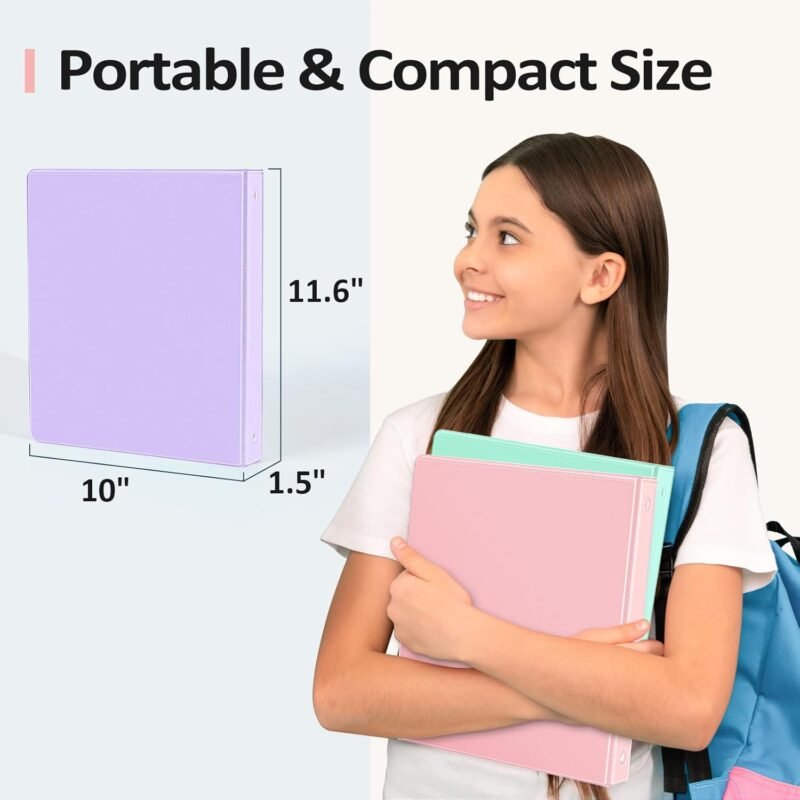 6 Pack Extra Durable 3 Ring Binders 1 inch, Sooez 1” Three Round Ring Binders with Pockets, Cute Customizable Clear View Cover for 8.5 x 11'' Letter Size Papers, Pastel School Office Supplies for Girl - Image 6