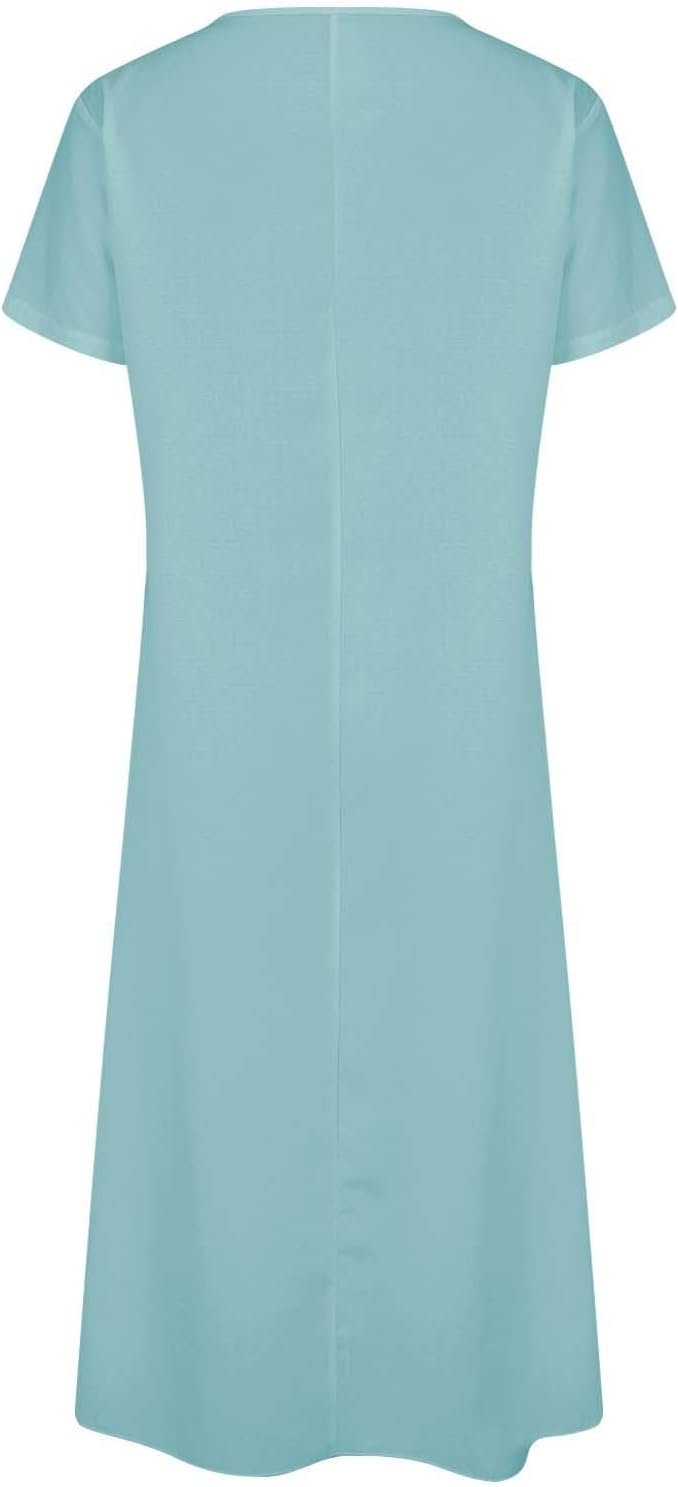 Women's 2025 Linen Casual Dresses Flowy V Neck Short Sleeve Maxi Dress Lightweight Summer Beach Vacation Clothes - Image 2