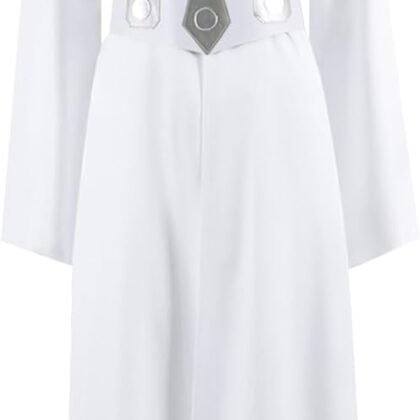 Women Princess Costume White Hooded Long Dress Robe with Belt Halloween Cosplay Party Outfit