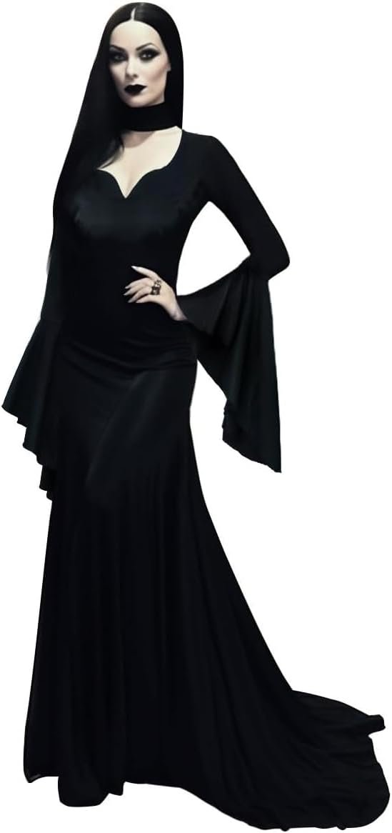 UQJE Women's Morticia Addams Dress Costumes Gothic Maxi Dress Halloween Cosplay Vintage Black Long Dress