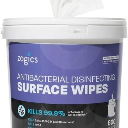 Zogics Antibacterial Wipes, EPA Registered Surface and Gym Equipment Disinfecting Wipes (800 Wipes) + Reusable Wipe Bucket Dispenser