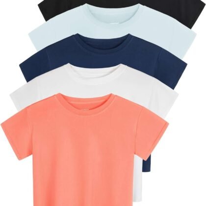 Real Essentials 5 Pack: Women's Dry Fit Crop Top - Short Sleeve Crew Neck Stretch Athletic Tee (Available in Plus Size)