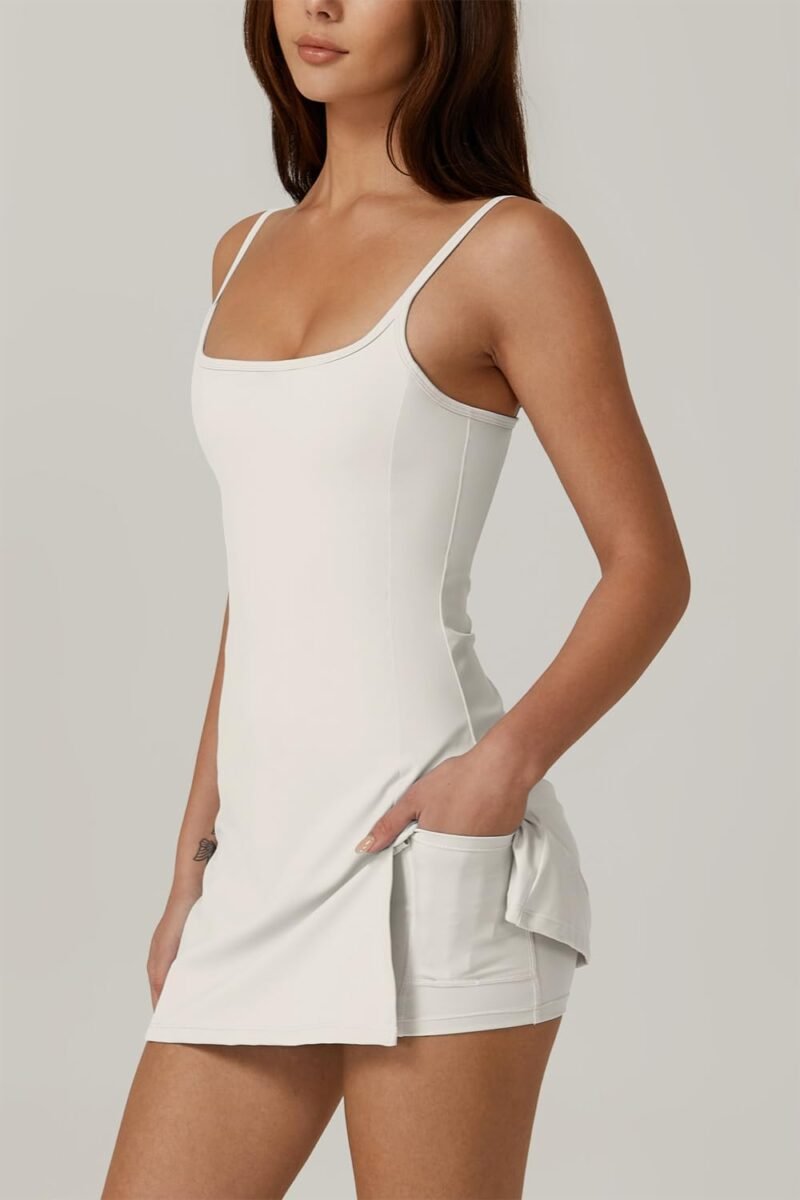 QINSEN Womens Spaghetti Strap Tennis Dress with Shorts Workout Side Slit Active Golf Dresses - Image 3