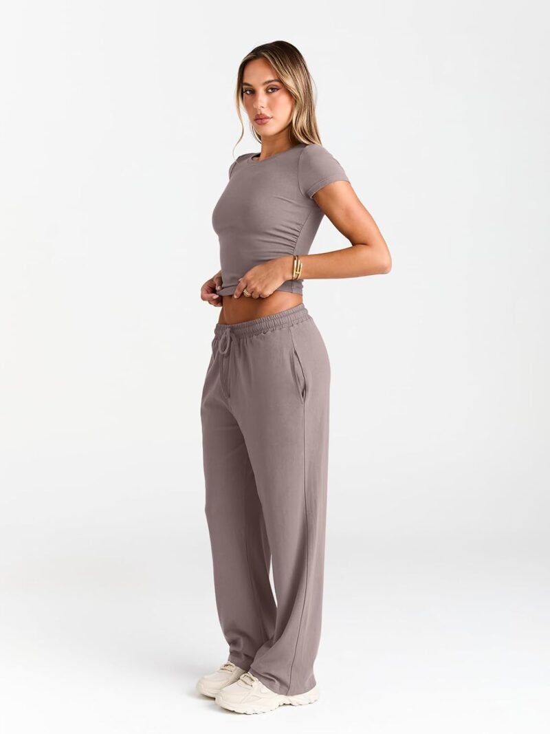 Trendy Queen 2 Piece Matching Summer Sweatsuit Lounge Set Womens Wide Leg Pants Side Ruching Crop Top Sets - Image 3