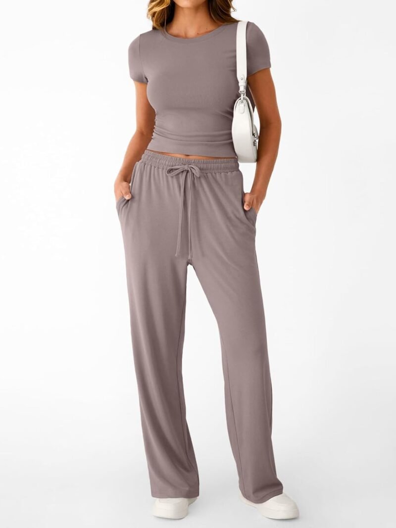 Trendy Queen 2 Piece Matching Summer Sweatsuit Lounge Set Womens Wide Leg Pants Side Ruching Crop Top Sets - Image 2