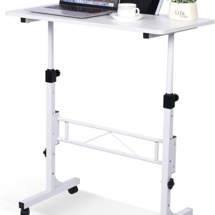 KLSMYHOKI Standing Desk Adjustable Height, Mobile Stand Up Desk with Wheels Small Computer Desk Rolling Desks, Portable Laptop Desk White Standing Table Home Office Desks 16"x31.5" Height 27"-43.5"